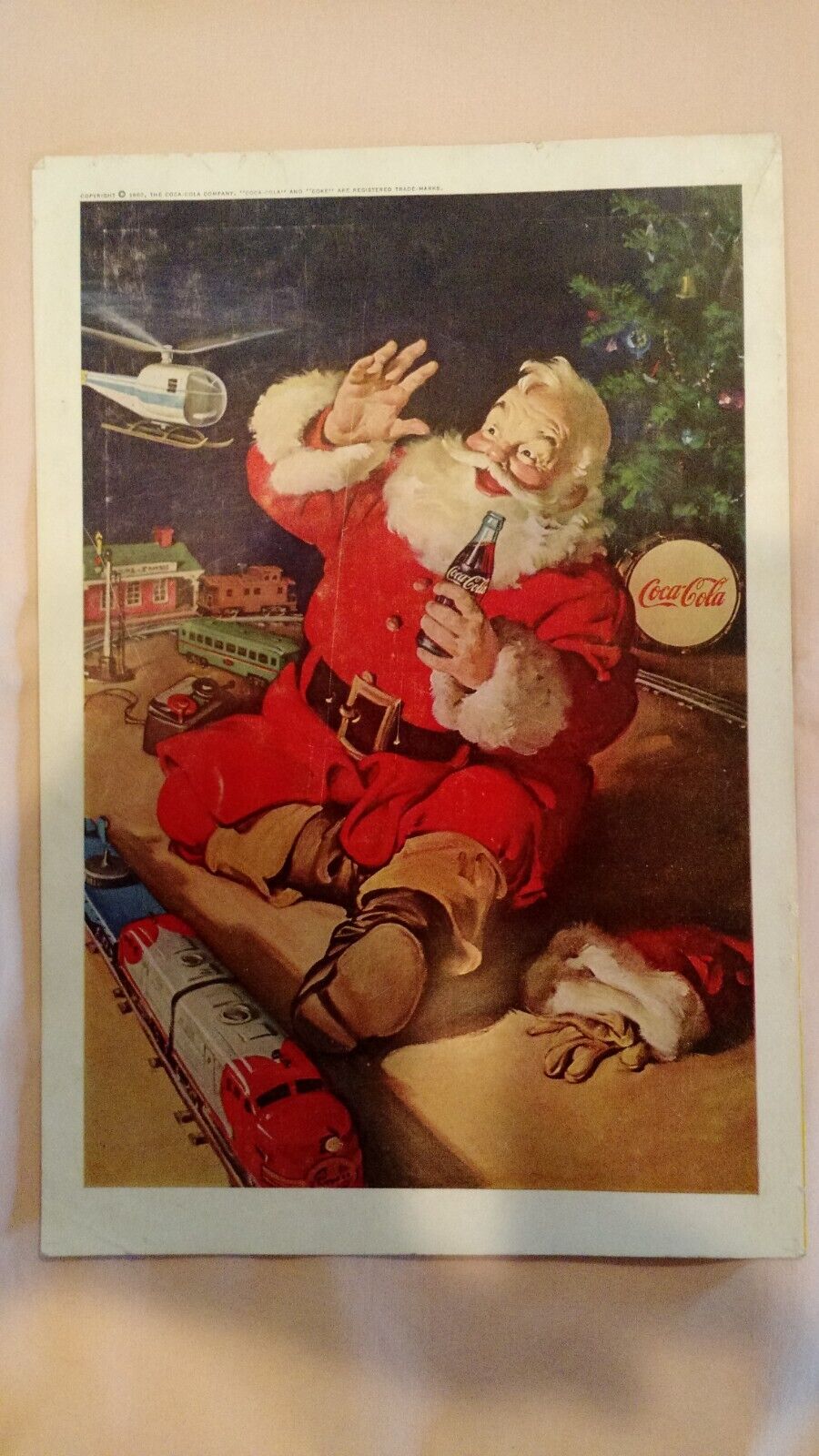 COCA-COLA COKE CHRISTMAS PRINT AD FROM DEC 1962 NAT GEO SANTA & TRAIN HELICOPTER