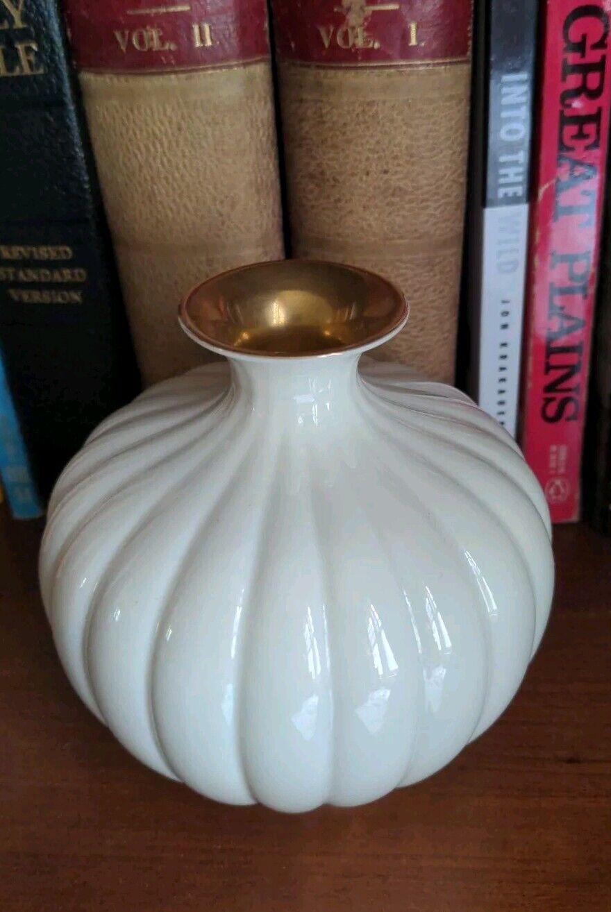Vintage Lenox Sweet Briar Gold Ribbed Round Vase USA