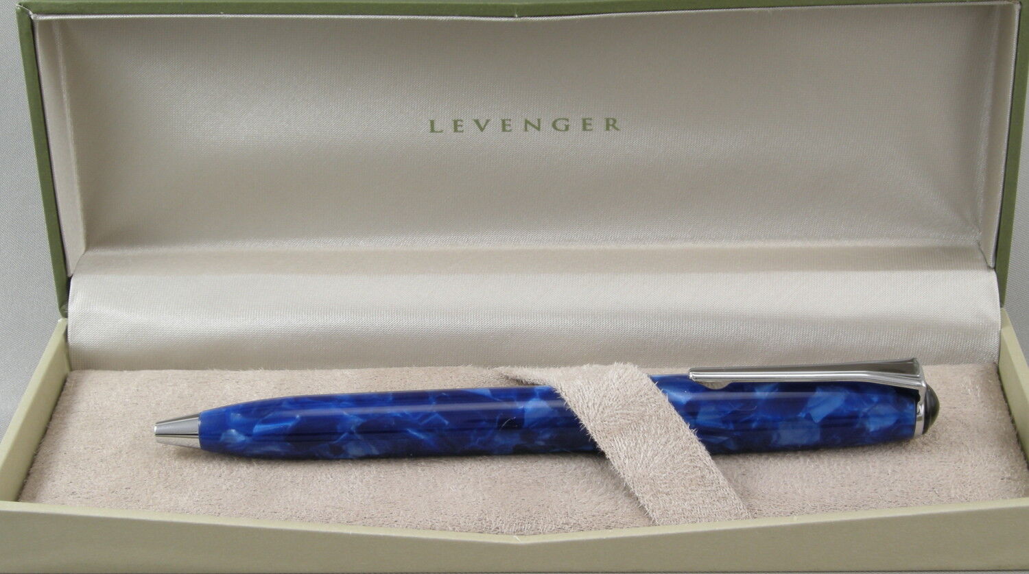 Levenger True Writer Marble Blue & Chrome Ballpoint Pen - New In Box