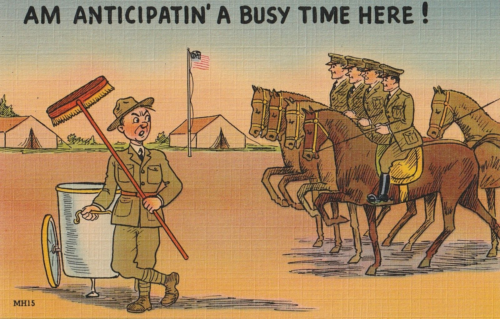 Vintage Linen WW2 Postcard Army Am Anticipatin\' A Busy Time Here Tichnor Unused