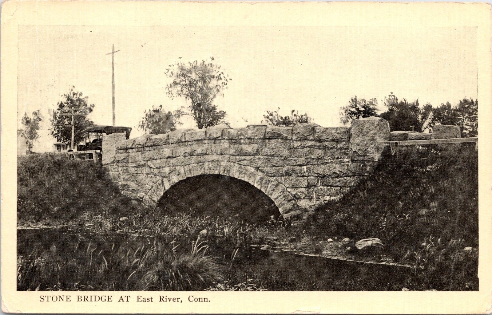 c1910s East River CT Stone Bridge Early Motor Car Connecticut Postcard 45b