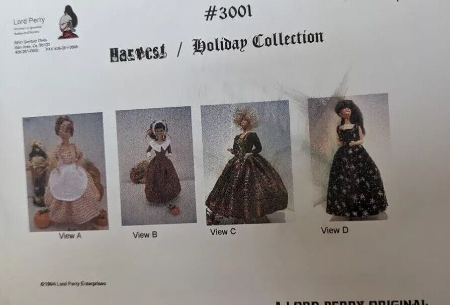 Vtg Lord Perry Fashion Doll Barbie Dress Harvest Holiday Pattern 1994 3001