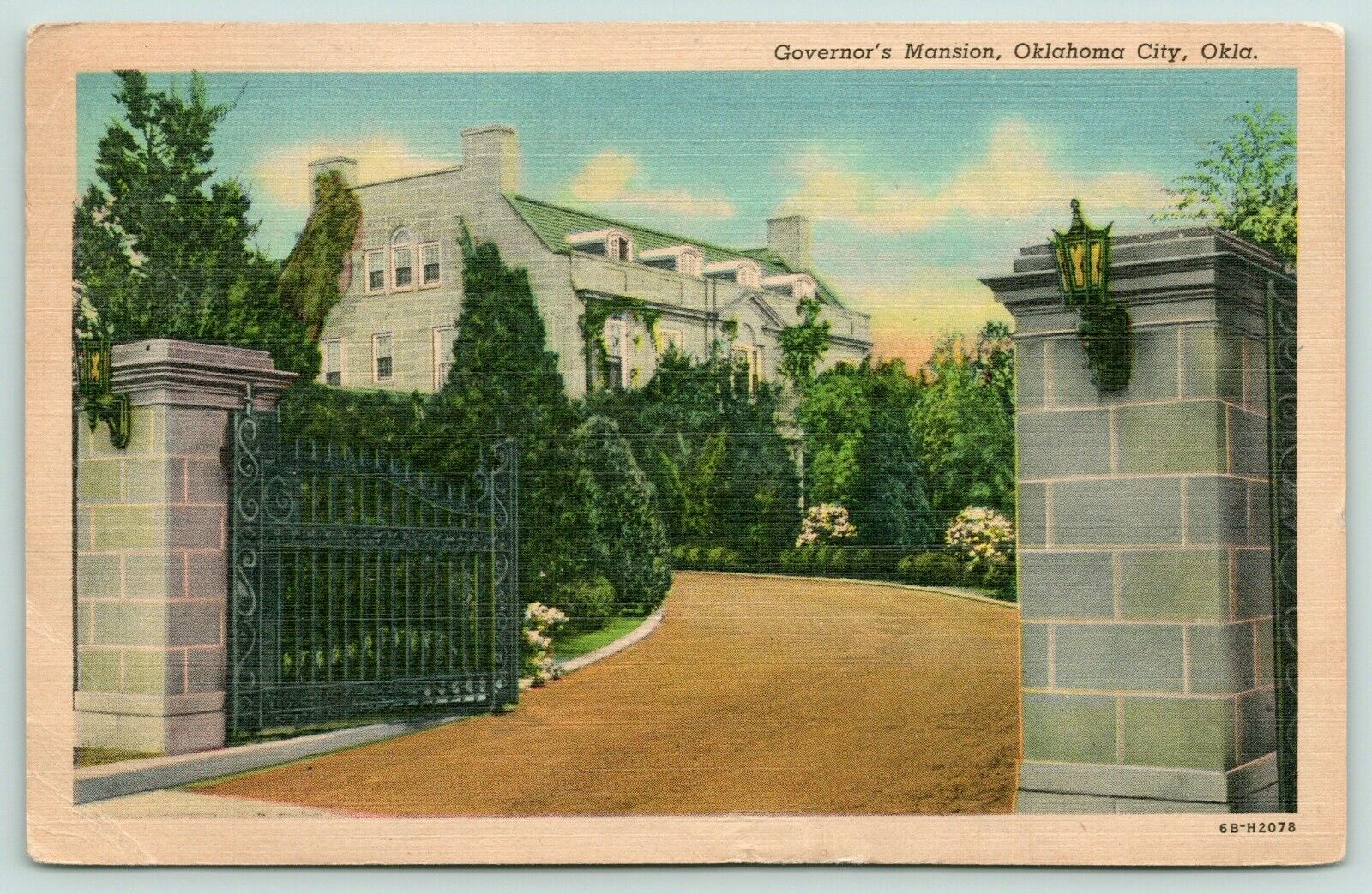 Oklahoma City OK~Governor\'s Mansion Gates Wide Open~Drive to House~1946 Linen