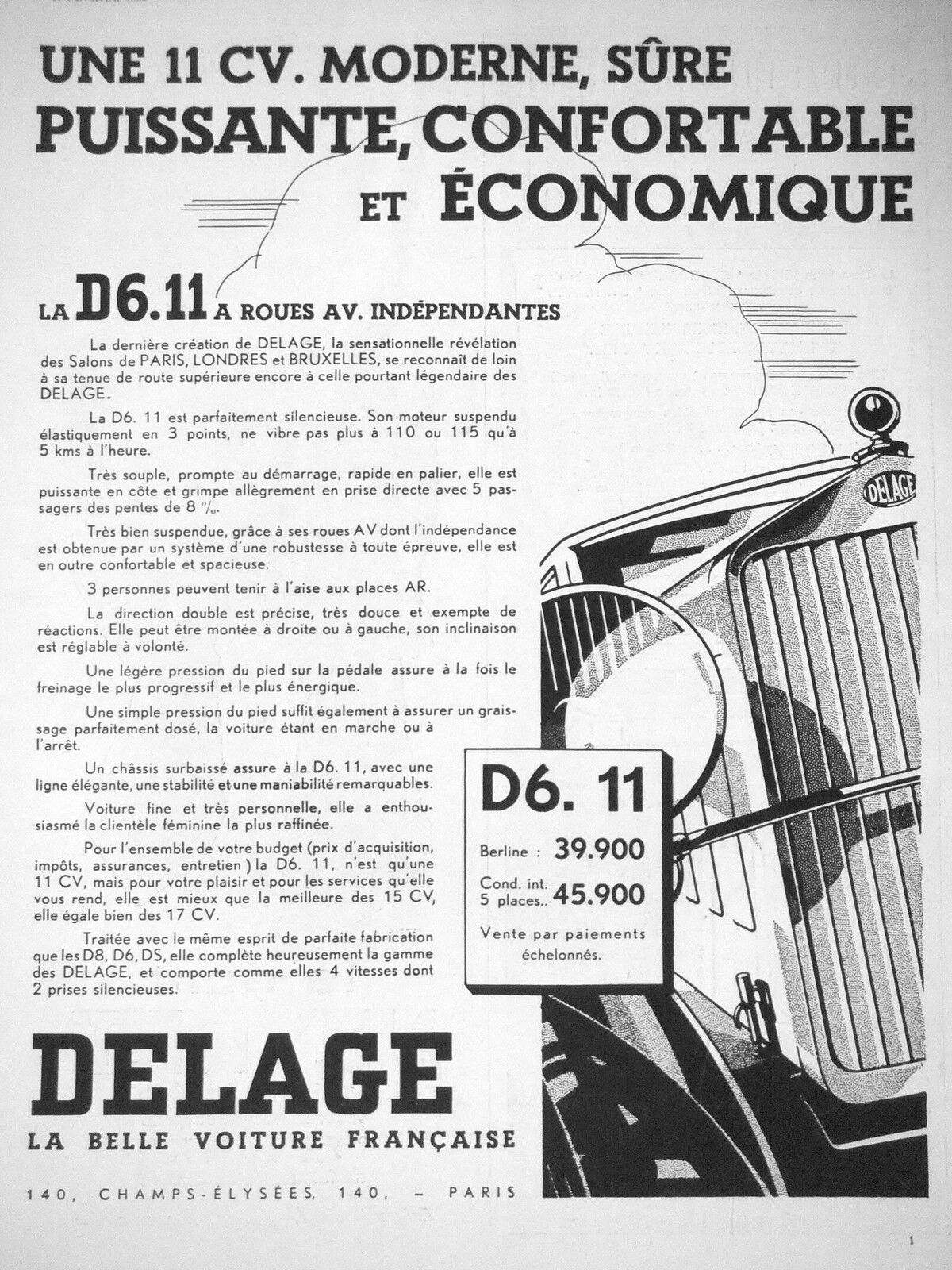 1933 ADVERTISING DELAGE D6.11 WHEELS AV. INDEPENDENT UNE 11 HP MODERN SAFE 