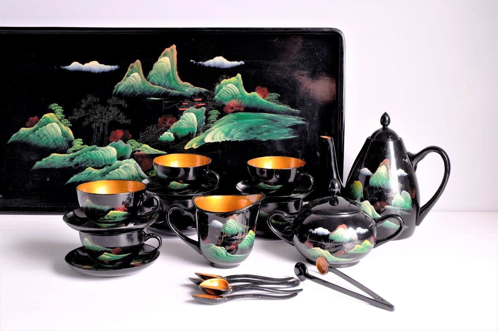 22 pcs Vintage Black Lacquered Hand Painted Wood Tea Set with Tray