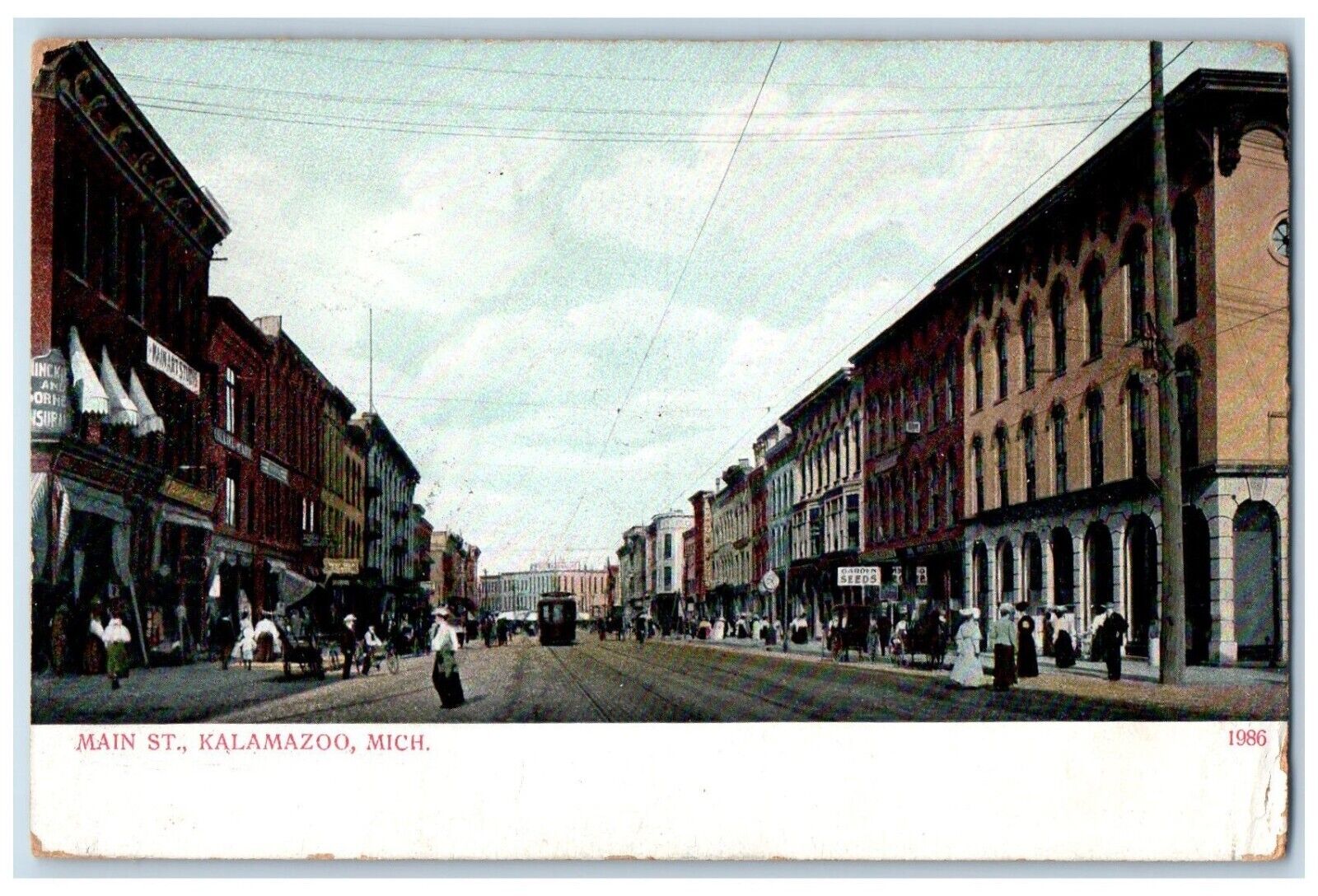 1907 Business Section Trolley Car Main Street Kalamazoo Michigan MI Postcard