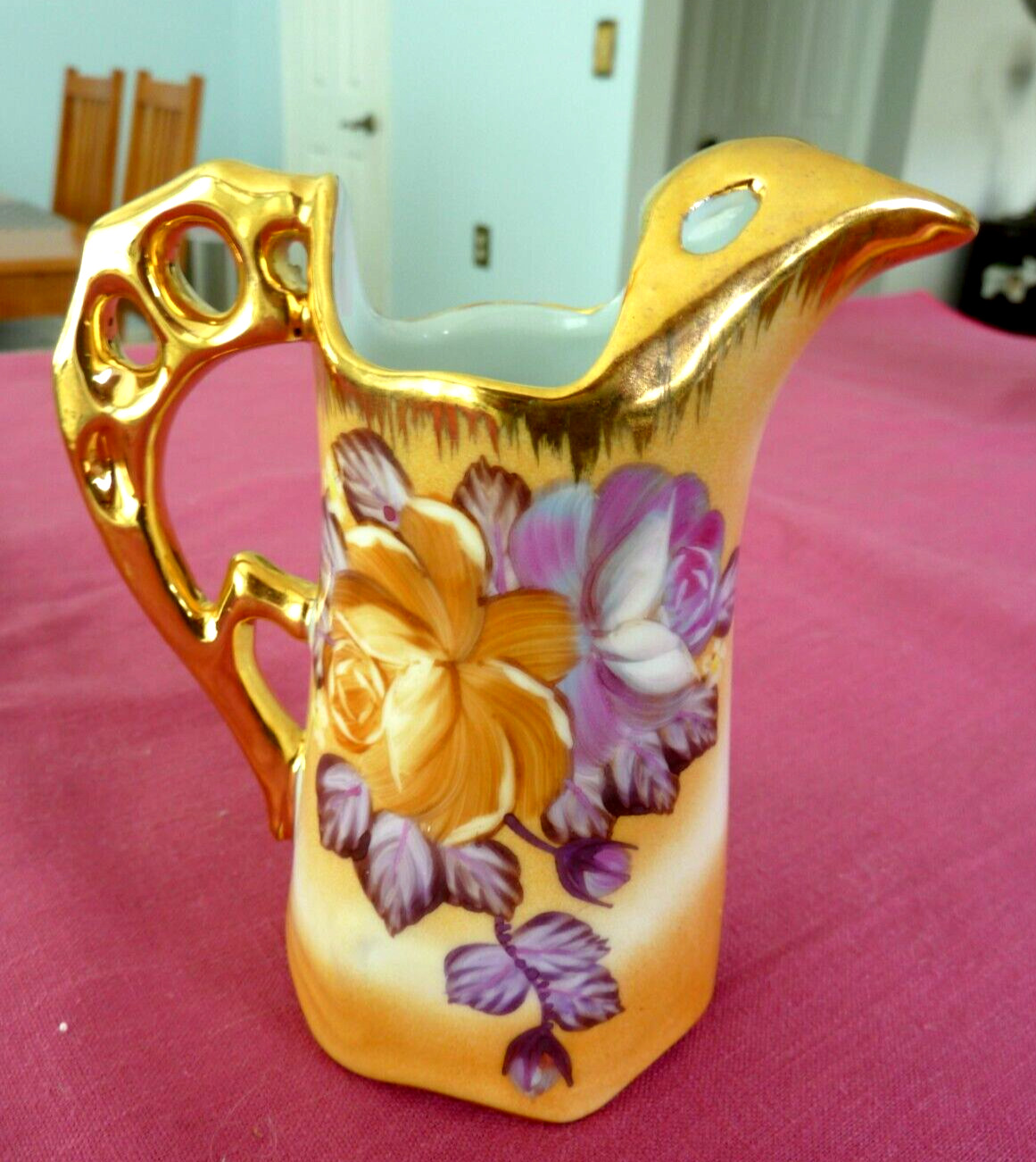 Antique Nippon small pitcher heavy gold with roses hand painted 4.5