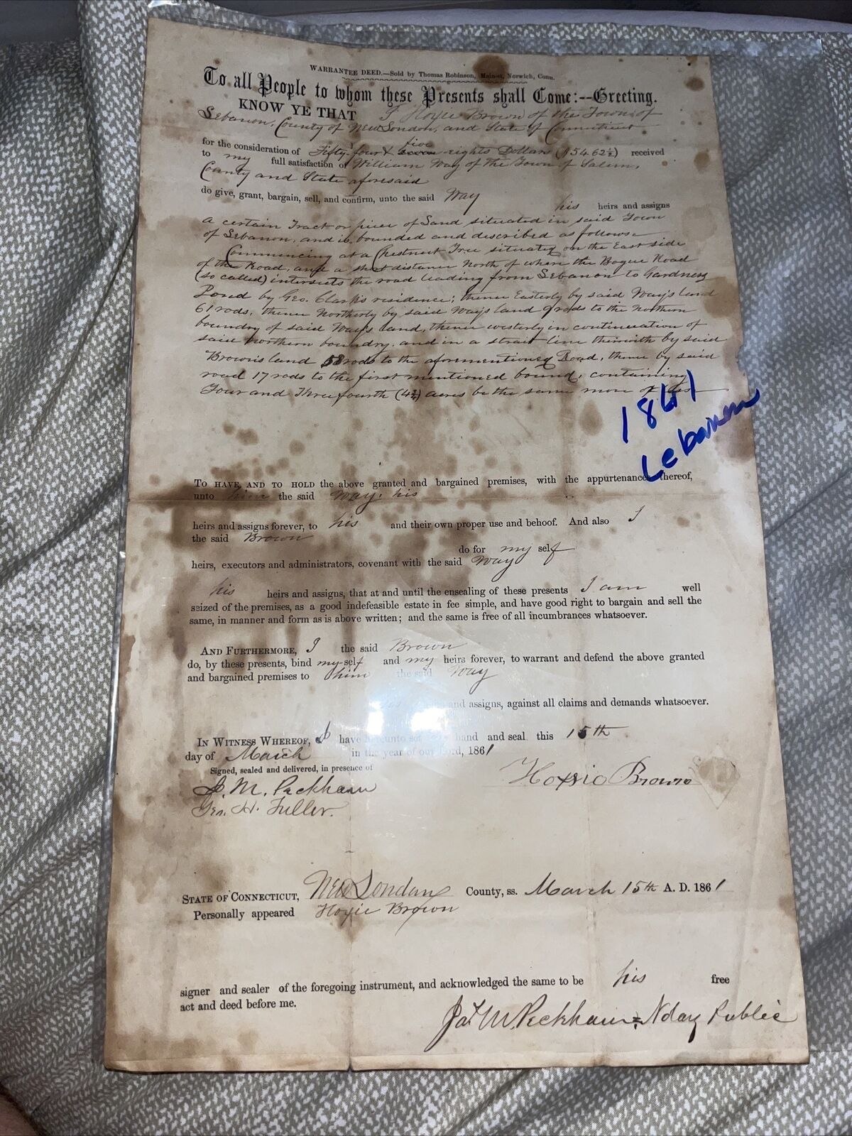 1861 Lebanon CT Warrantee Deed for Property “commencing at a chestnut tree”