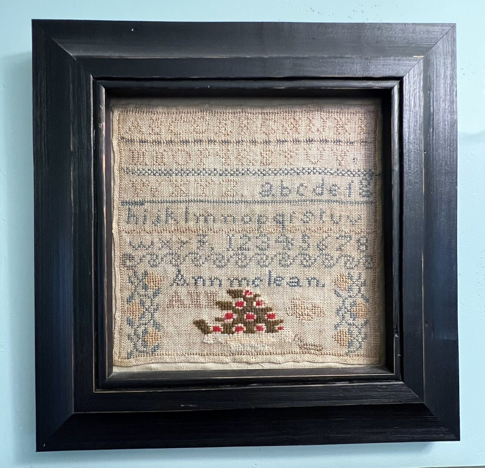 Mid-19th Century American Miniature Sampler by Ann McLean with New Frame