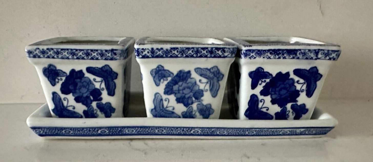 Vintage Set of 3 Blue and White Chinoiserie Butterfly Herb Flower Pots