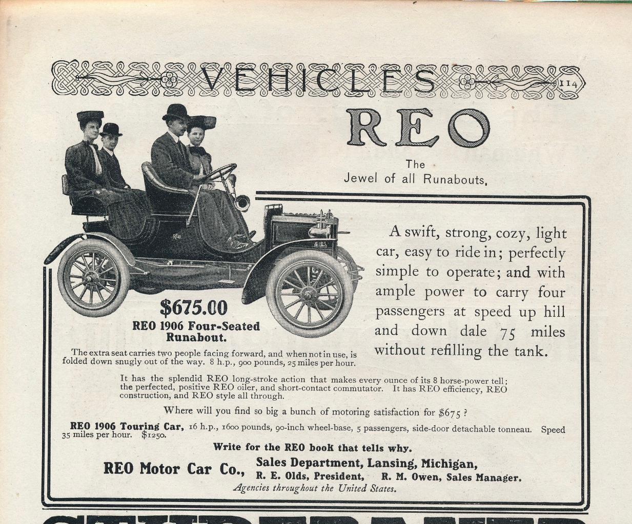 Magazine Ad - 1906 - REO Motor Cars - REO Motor Car Co., Lansing, MI