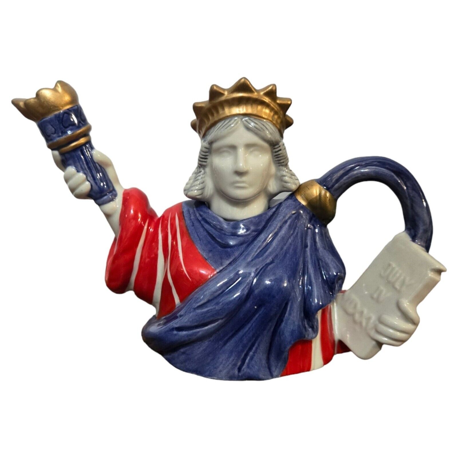 Statue Of Liberty Mini Teapot Fitz and Floyd Ceramic Red White Blue Small Vintag