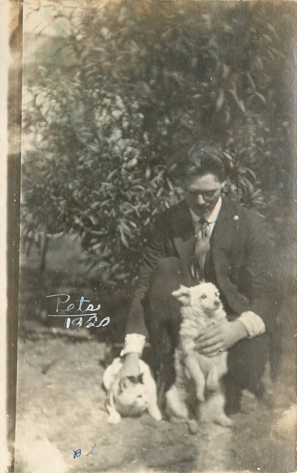 RPPC Postcard Man Poses With Pets Kitty Cat & Small White Dog American Eskimo?