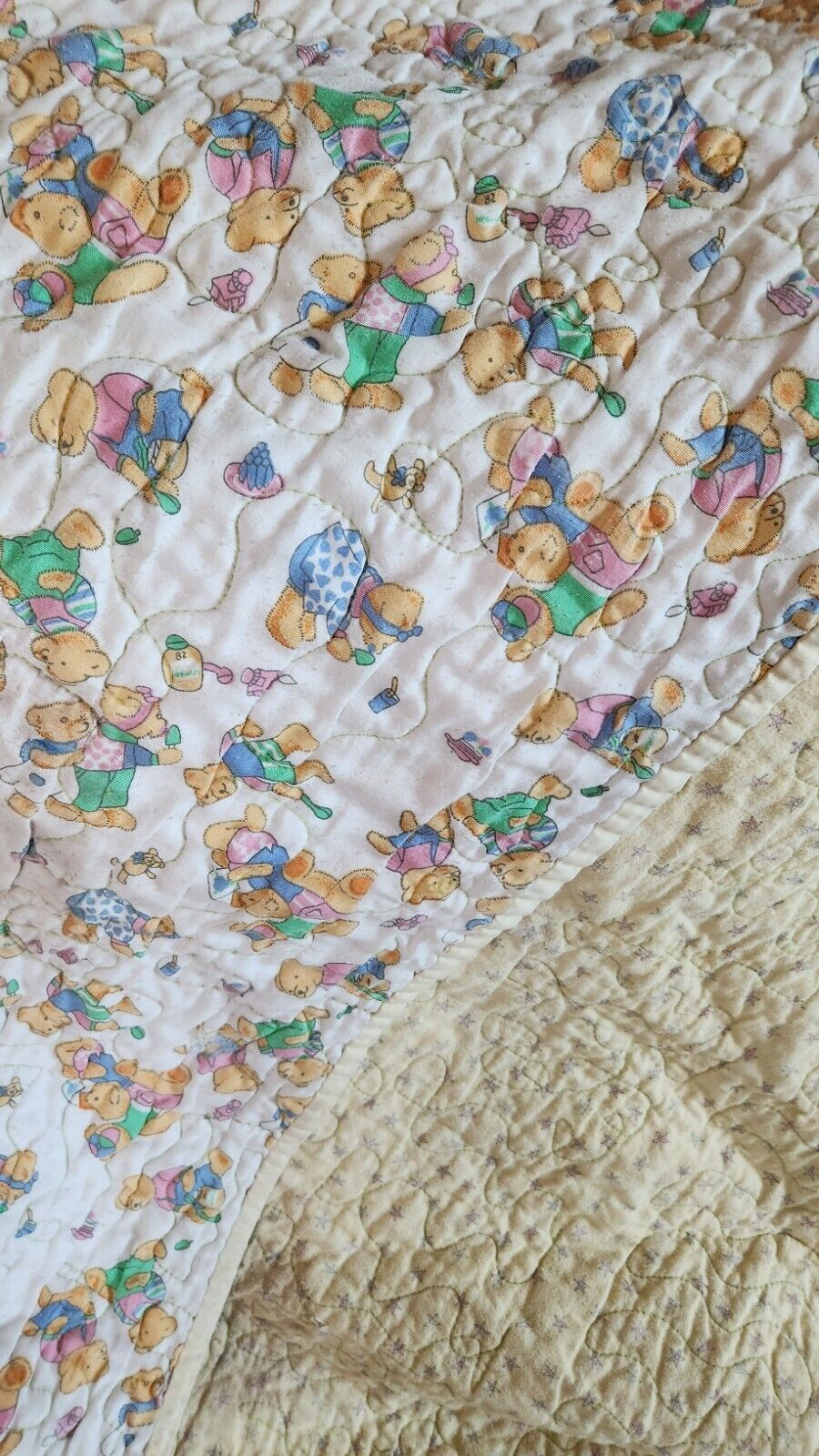 Vintage Handmade Reversible Yellows with Bears and Toys QUILT 38\