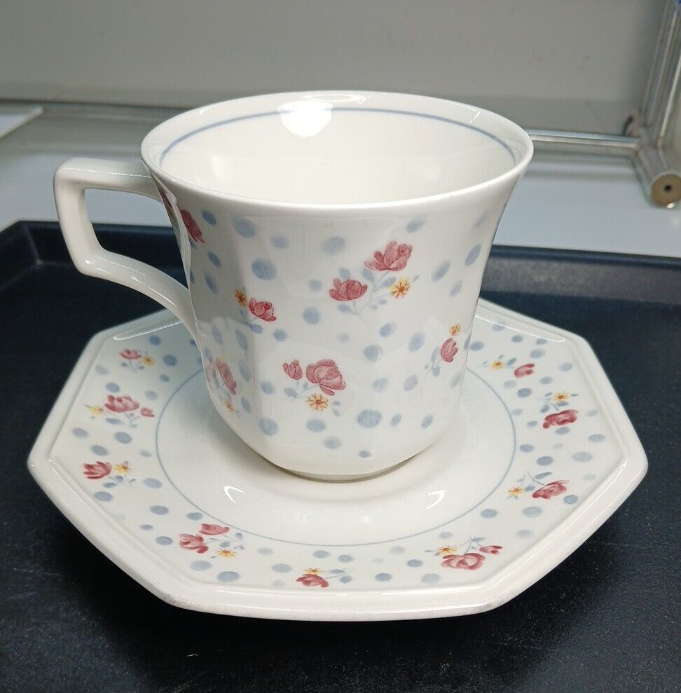Vintage American Gardens Coffee/Tea Cup & Saucer Flowers And Blue Dot Pattern...