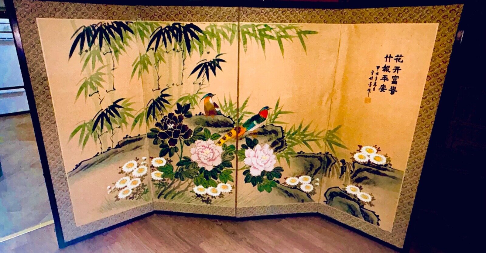 Dancing Lotus Birds Japan Byobu Hand-painted Silk, 4 Panels Painting \