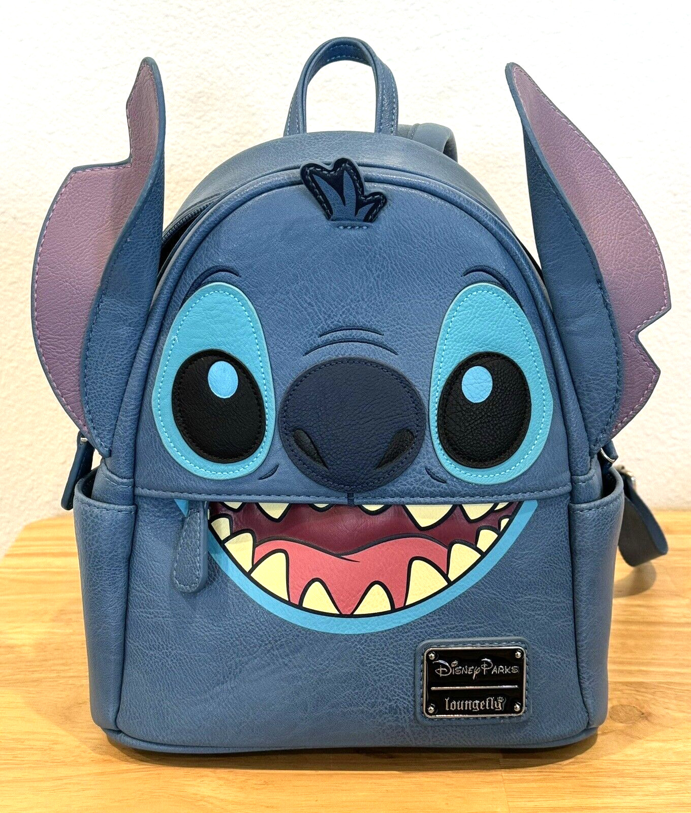 DISNEY PARKS STITCH LOUNGEFLY FAUX LEATHER MINI BLUE BACKPACK - USED
