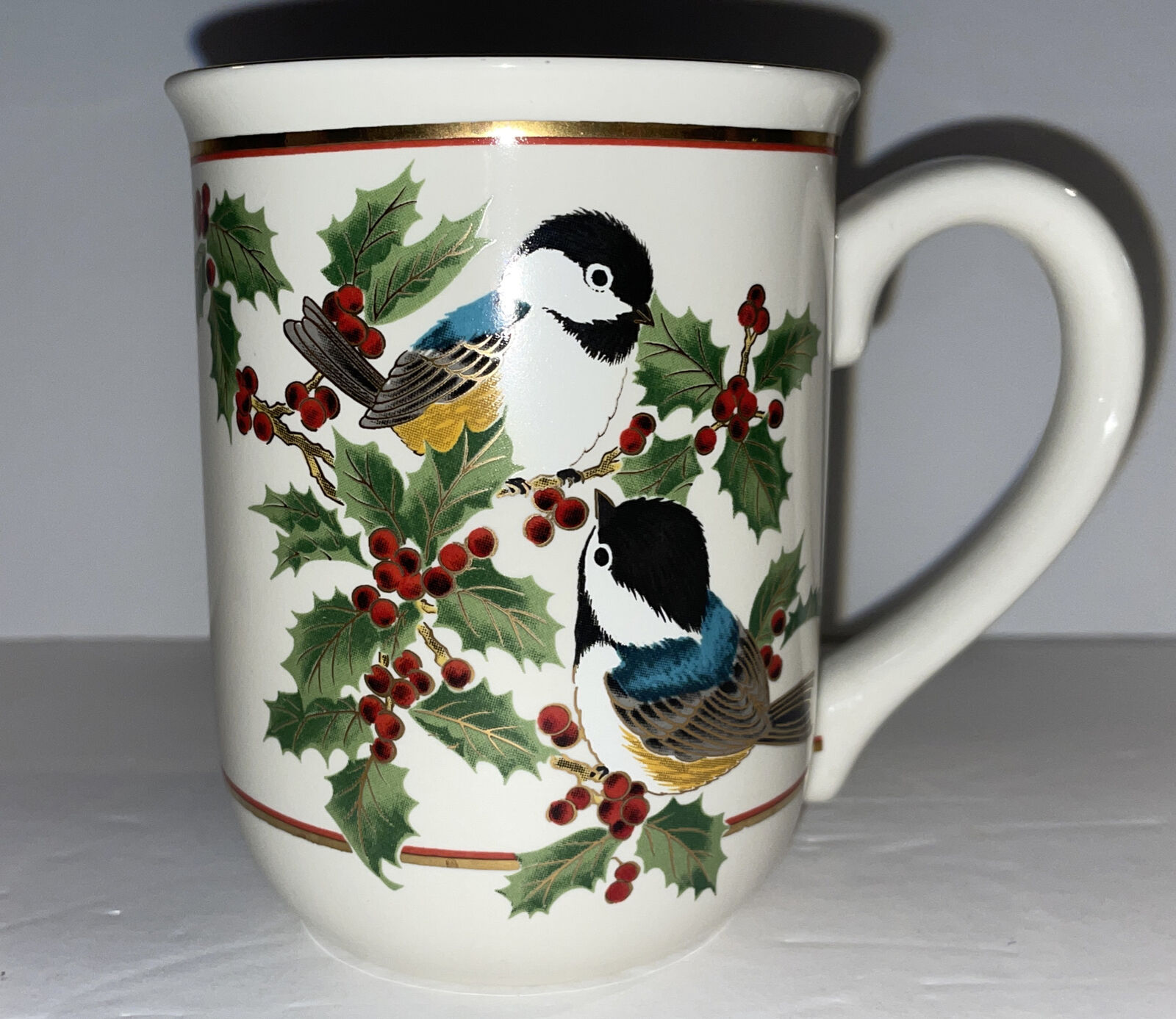 Vintage Otagiri Christmas Mug Gibson Greeting Cards, Birds and Holly, Gold Trim