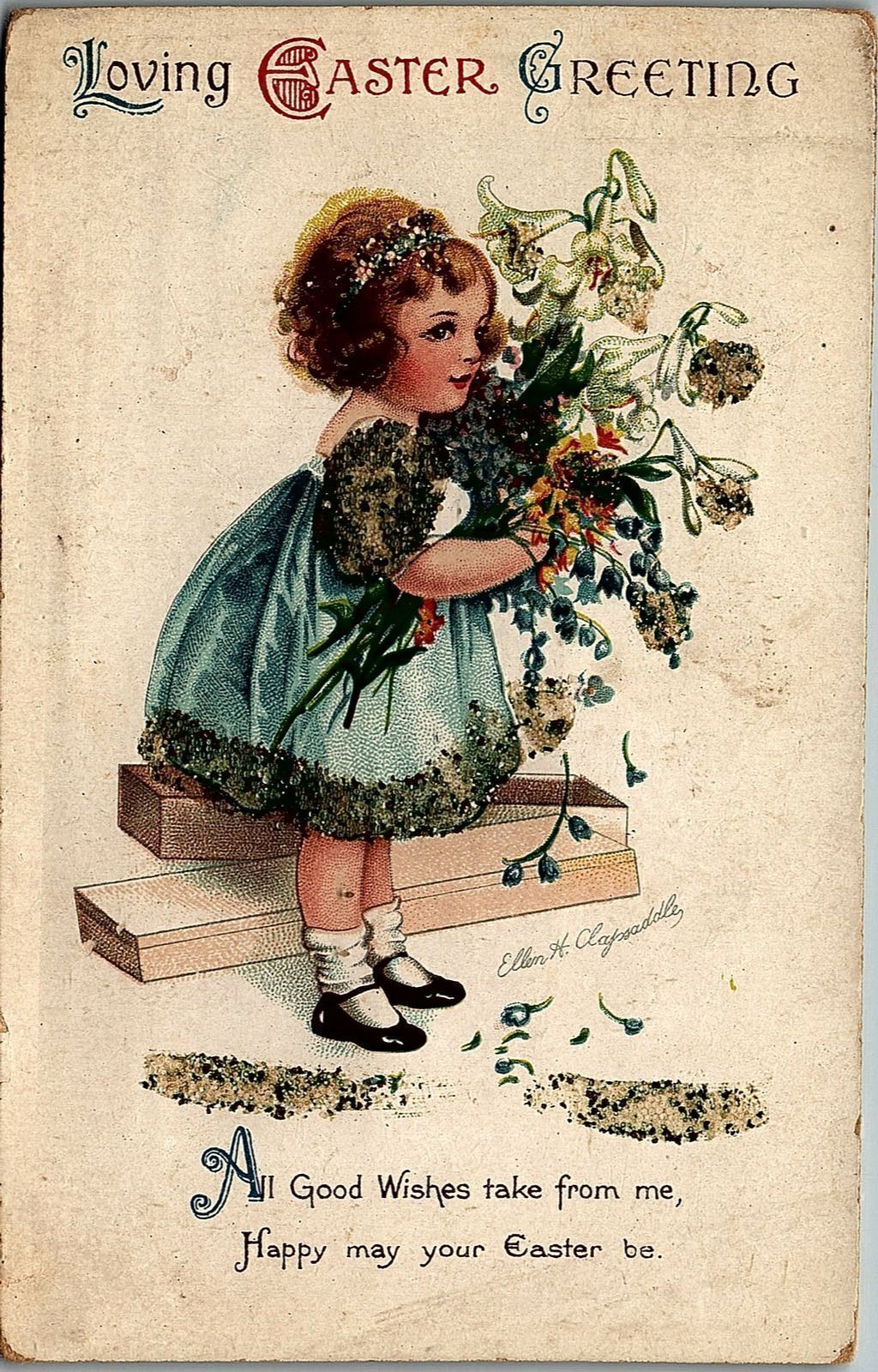 c1910 LOVING EASTER GREETING VICTORIAN GIRL WITH FLOWERS TINSELED POSTCARD 14-58