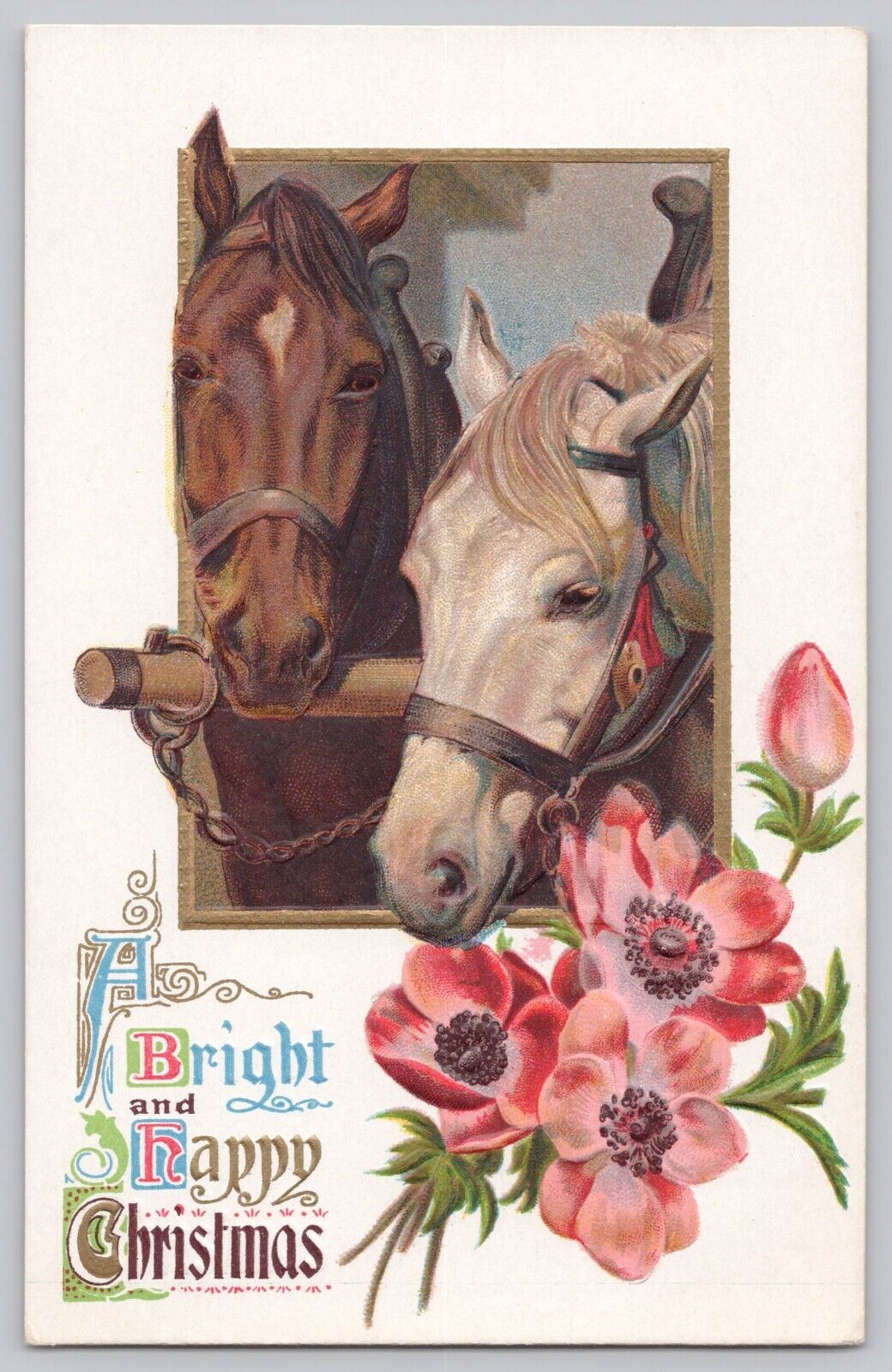 Postcard A Bright and Happy Christmas Horses Flowers Embossed
