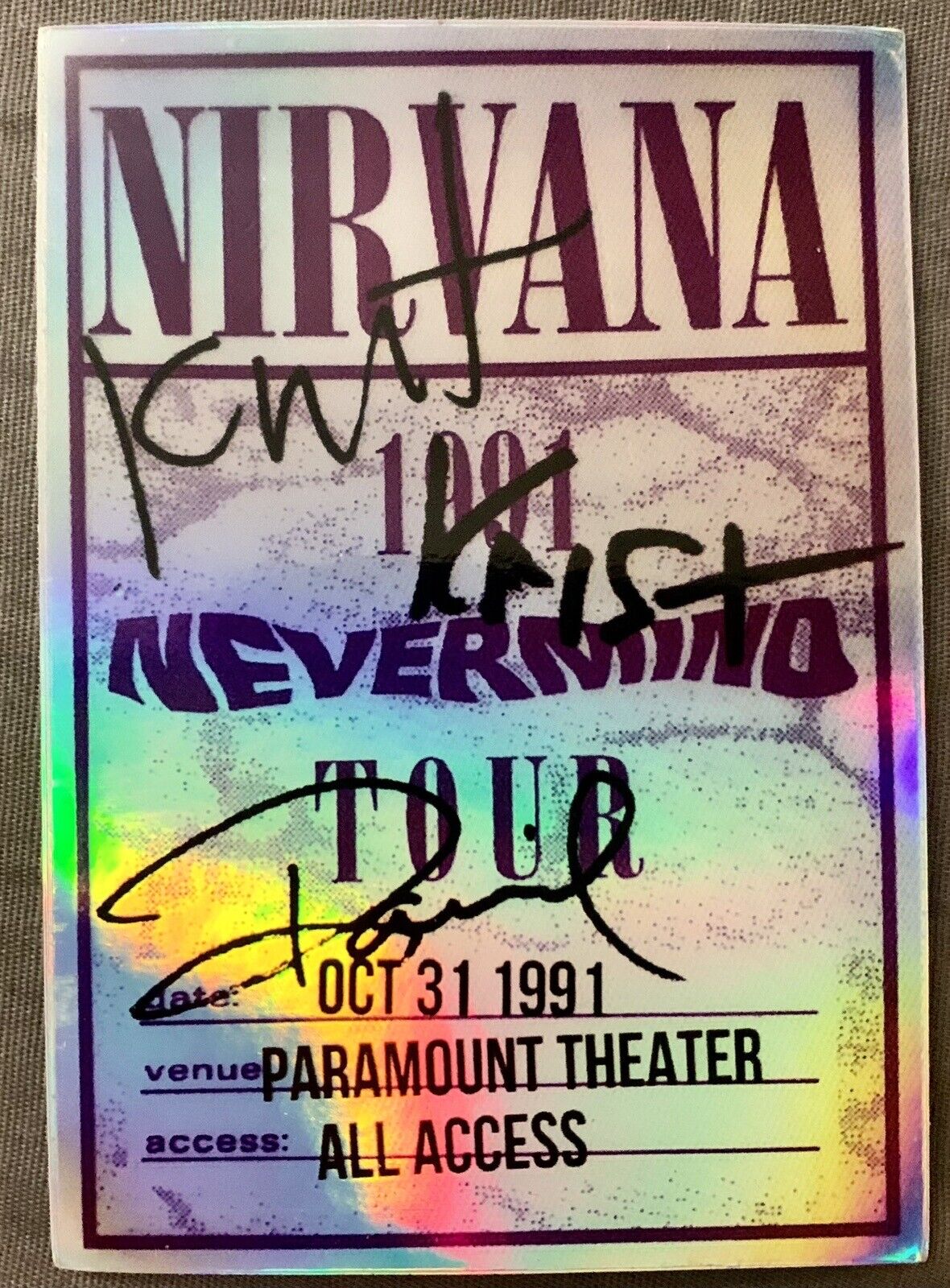 NIRVANA Holo-Decal/Sticker Glossy 3x4” 1991 All Access Backstage Pass SEATTLE