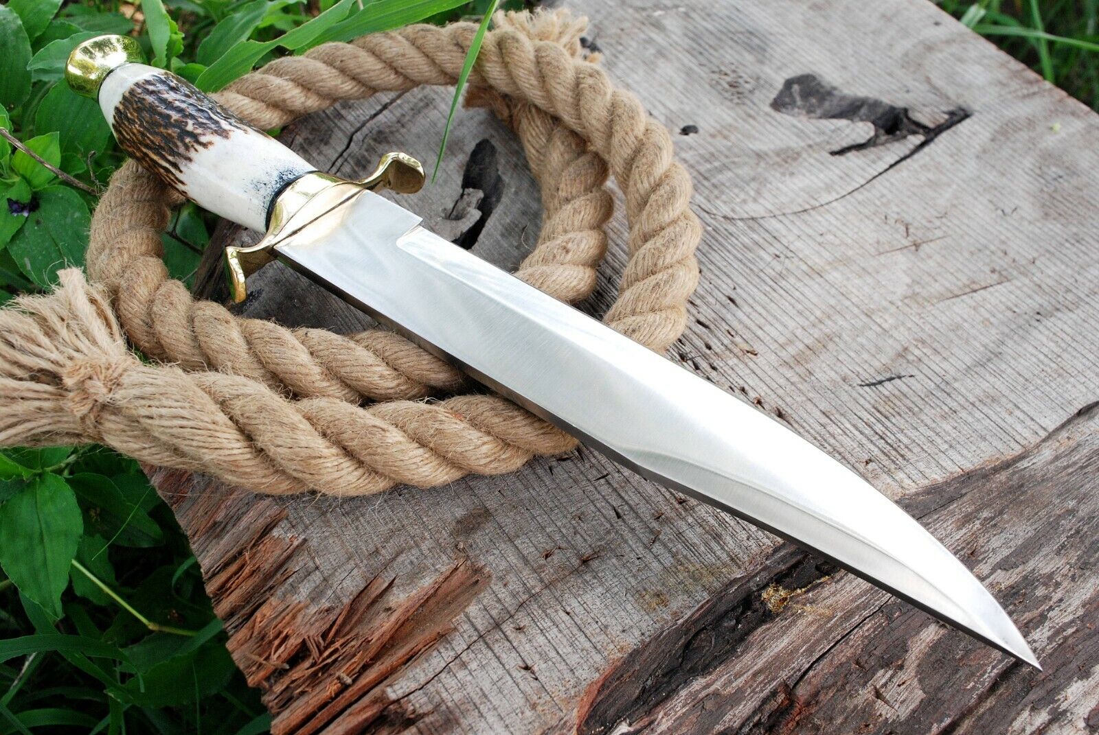 RARE STAG OUTDOOR HANDMADE HUNTING SURVIVAL TACTICAL BOWIE KNIFE ANTLER GRIP 