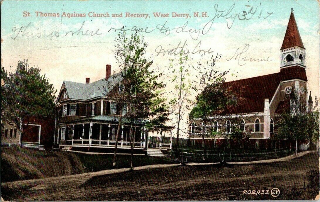 1907. WEST DERRY, NH. ST THOMAS AQUINAS CHURCH & RECTORY. POSTCARD.