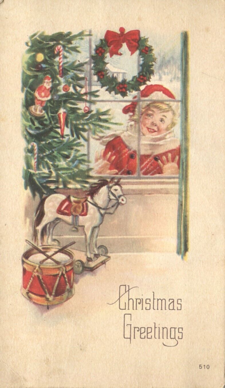 Christmas Greetings Child Peering at Tree & Toys Thru Window 1924 Postcard