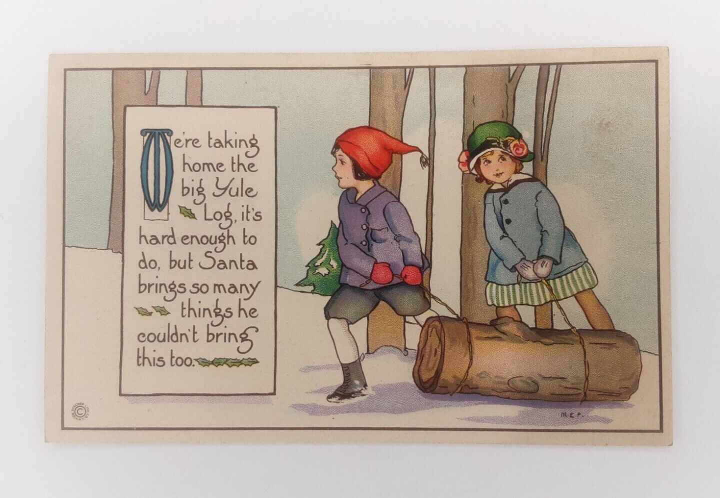 Christmas Post Card Unused Stecher Little Girls Taking Home The Big Yule Log