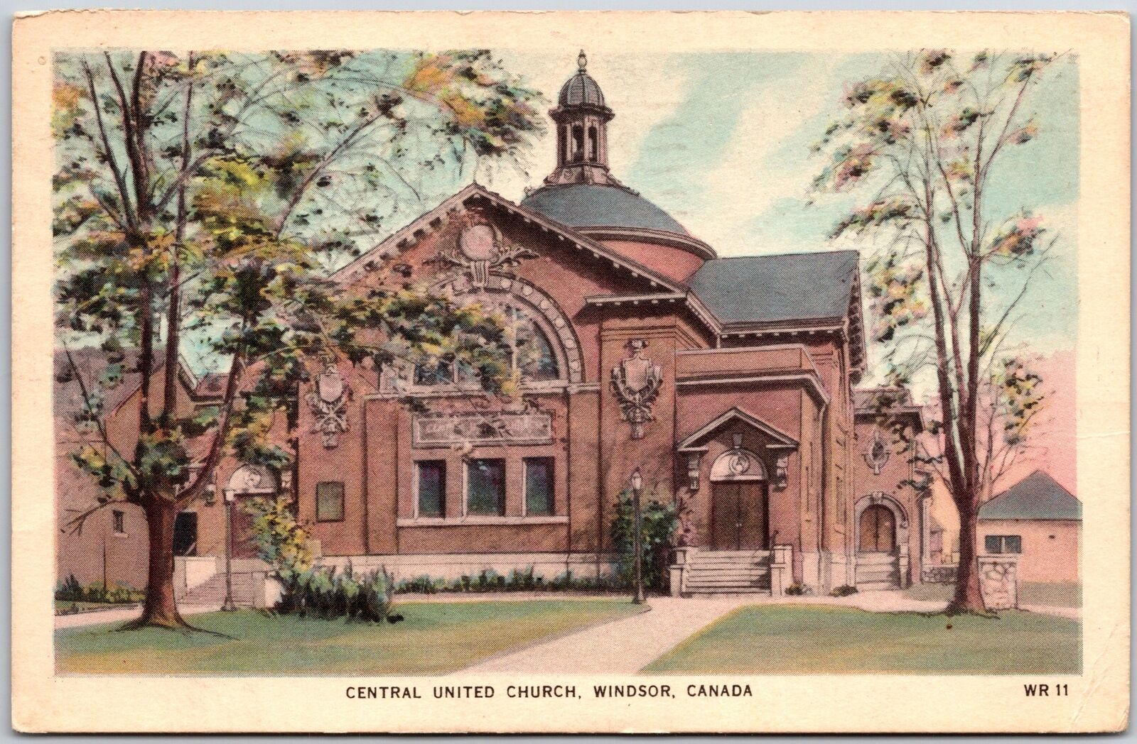1950's Central United Church Windsor Canada Grounds & Trees Posted Postcard