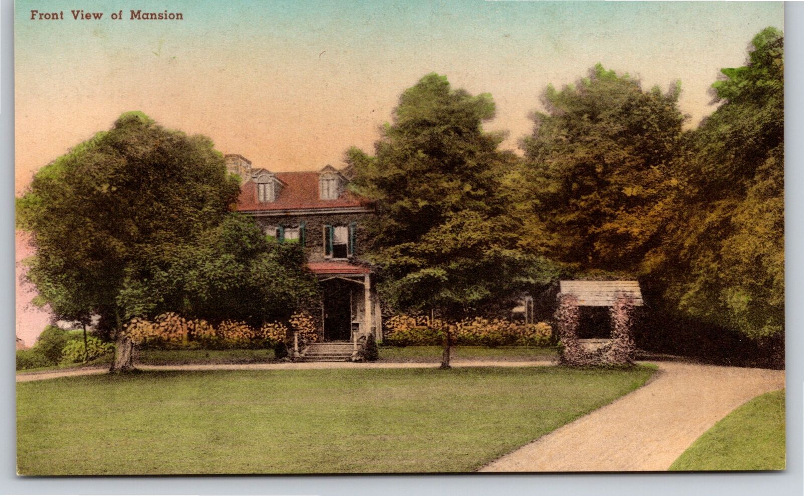 Hand-Colored~New Geneva PA~Front View Of Albert Gallatin Mansion~Vtg Postcard
