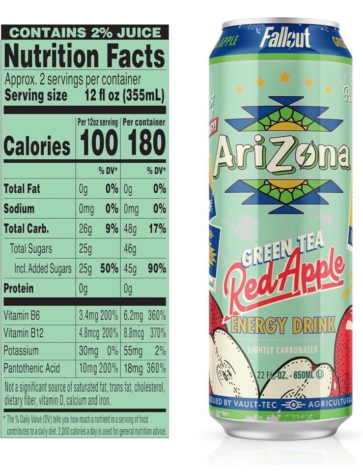Arizona X FALLOUT Energy Drink Green Tea RED APPLE x1 Count || PRICE DROP