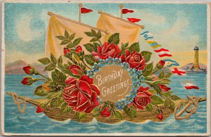 1909 BIRTHDAY GREETINGS Embossed Postcard Sailing Ship / RED ROSES Lighthouse