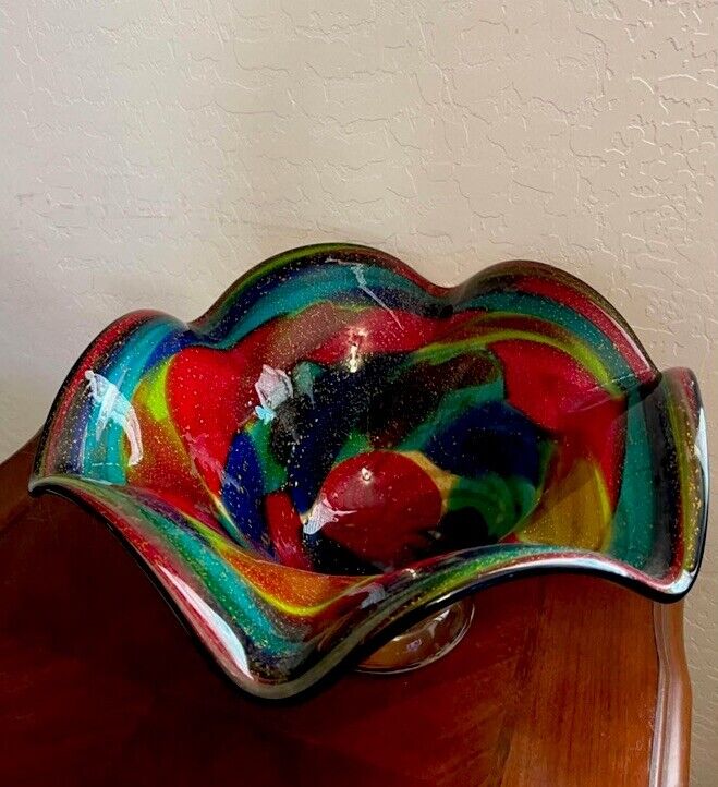 Vintage Murano 1996 Art Glass Vase Multi Color Rainbow genuine Rare Italy