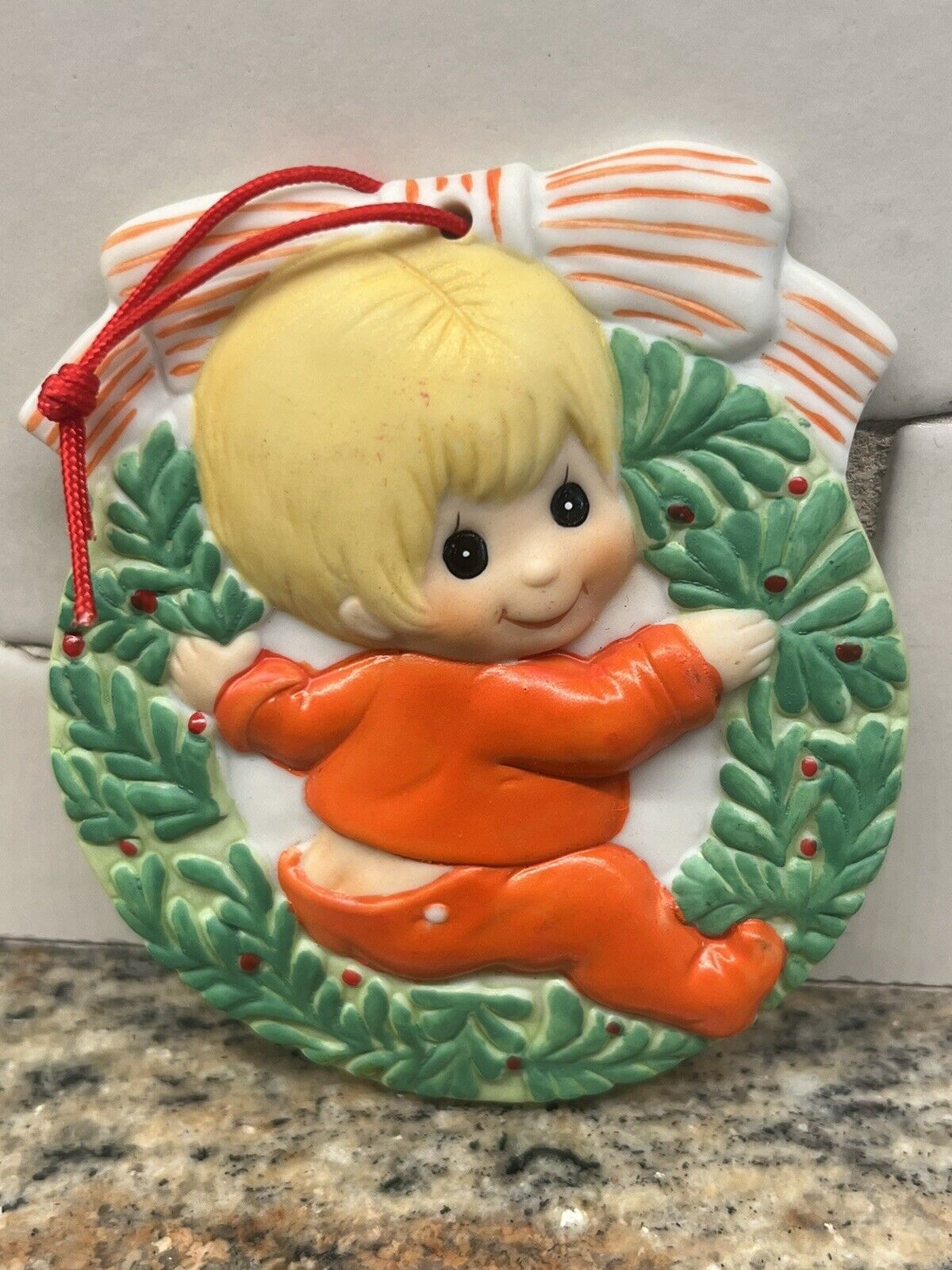 Marilyn Conklin 1984 Christmas Joy Ornament R. Dakin & Co. young boy wreath