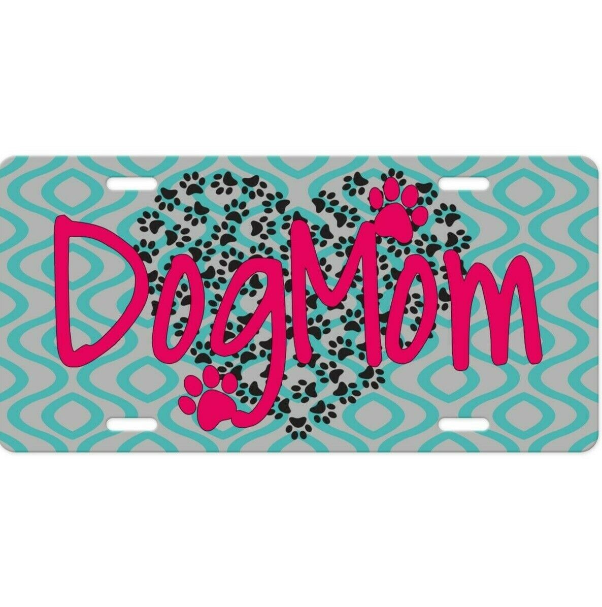 DOG MOM License Plate- Pink Quote-Black Paw Prints Heart-Teal Blue Wavy Pattern 