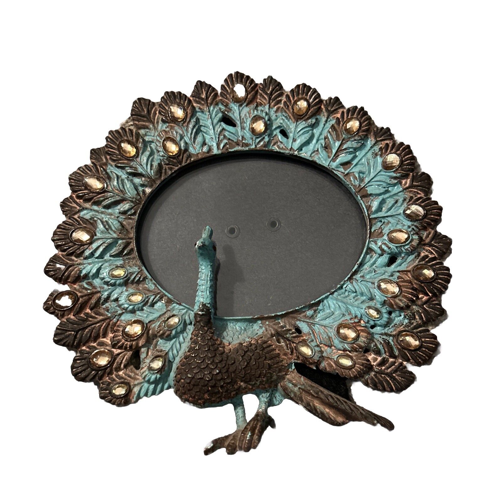 Peacock Picture Photo Frame Cast Iron Metal Rhinestone Jeweled Peacock