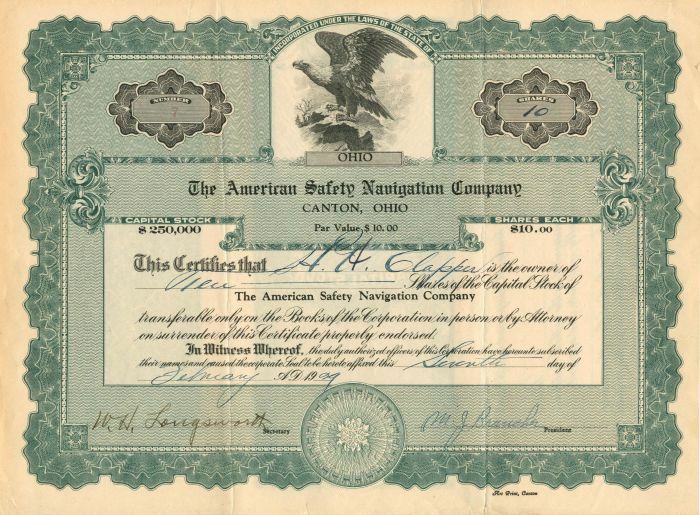American Safety Navigation Co. - Stock Certificate - Shipping Stocks