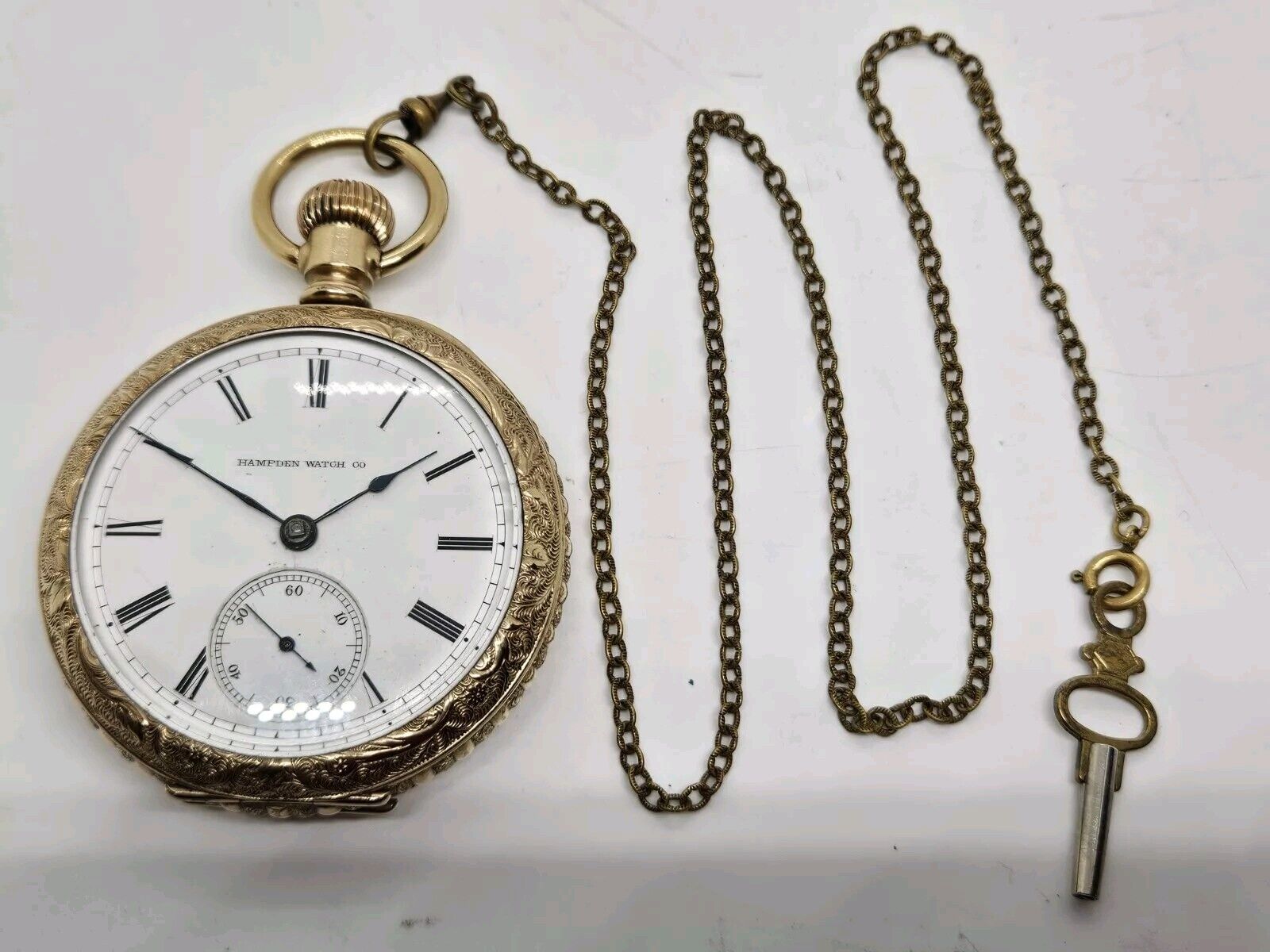 Antique Working 1880 HAMPDEN Victorian 11J Key Wind Gold GF Pocket Watch w/Chain