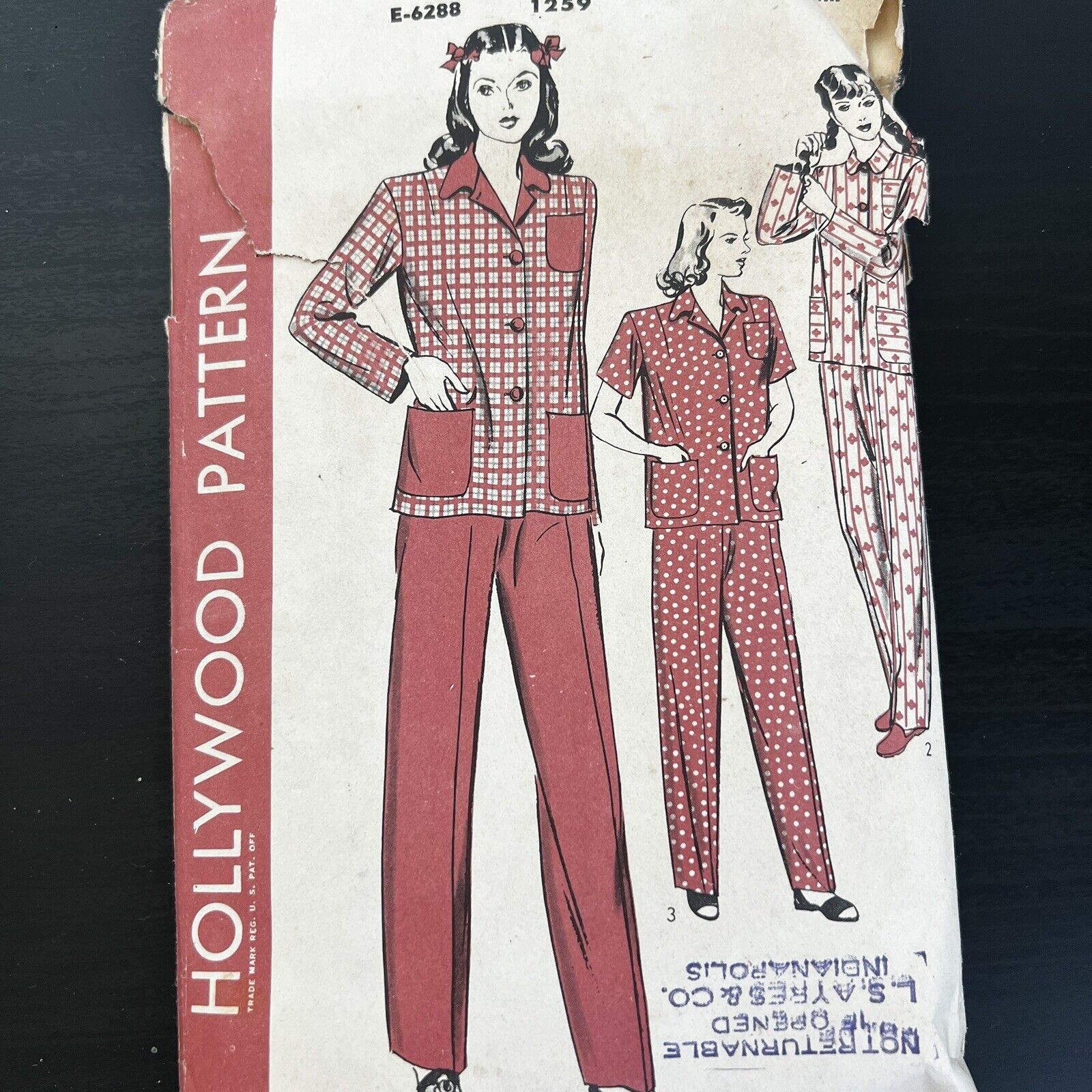 Vintage 1940s Hollywood 1259 Two Piece Pajamas WWII Shirt Sewing Pattern 20 CUT