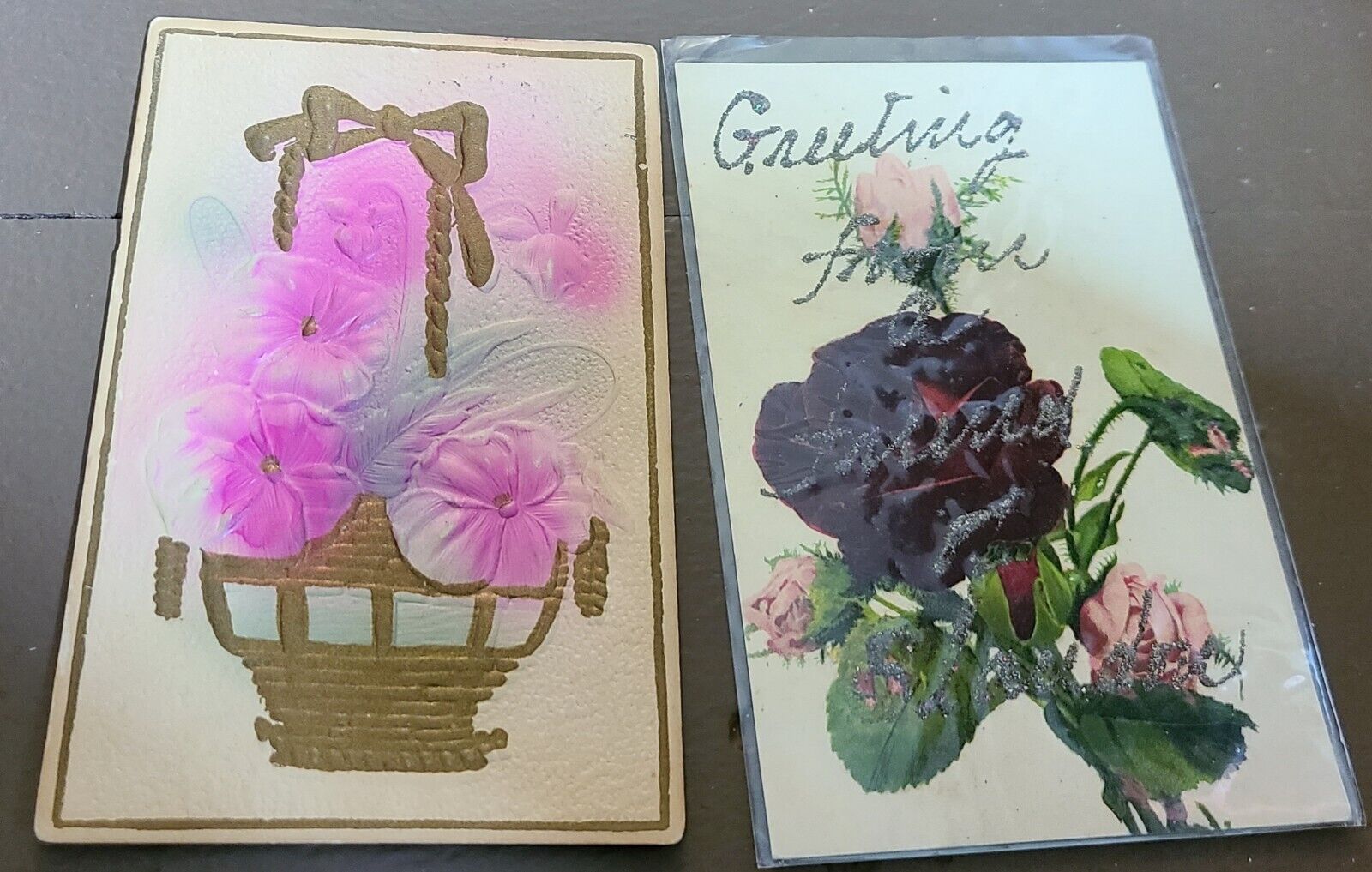 2 Antique 1907-11 Greetings Postcards Undivided Back Rose Flower Basket