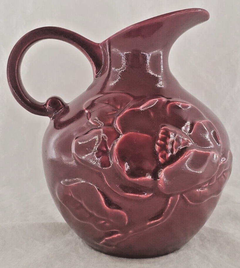 Vintage Redwing Pottery Small Pitcher Magnolia Design 1028 USA Maroon Red