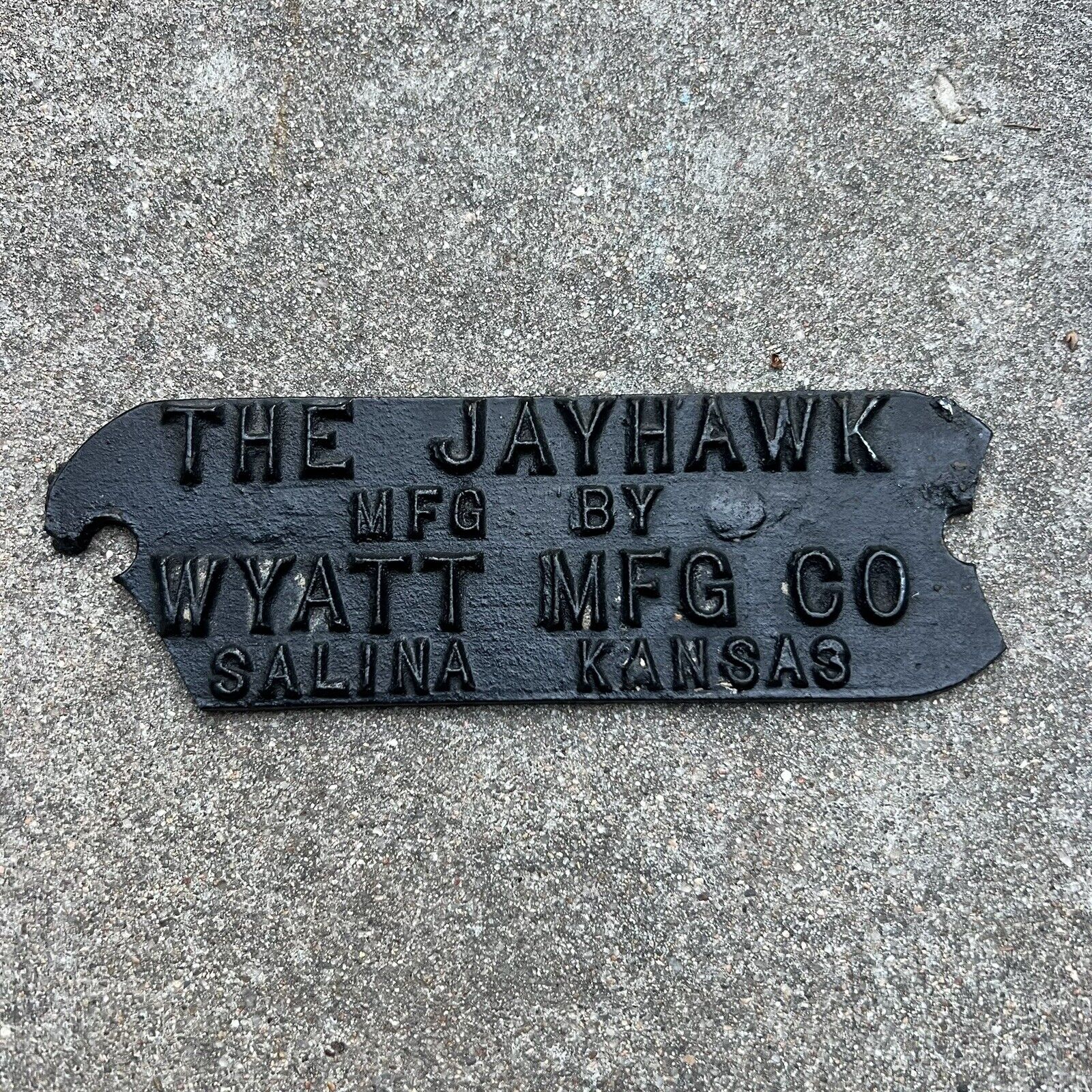 Antique THE JAYHAWK Cast Iron Plaque Advertising Sign Wyatt Mfg. Salina Kansas