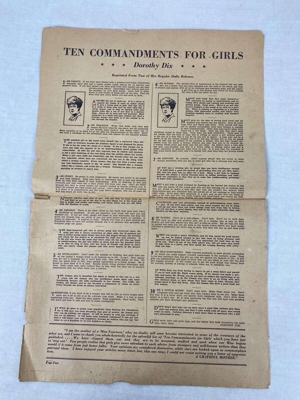 Dorothy Dix Relationship Column Ten Commandments For Girls 1929 Ledger Syndicate