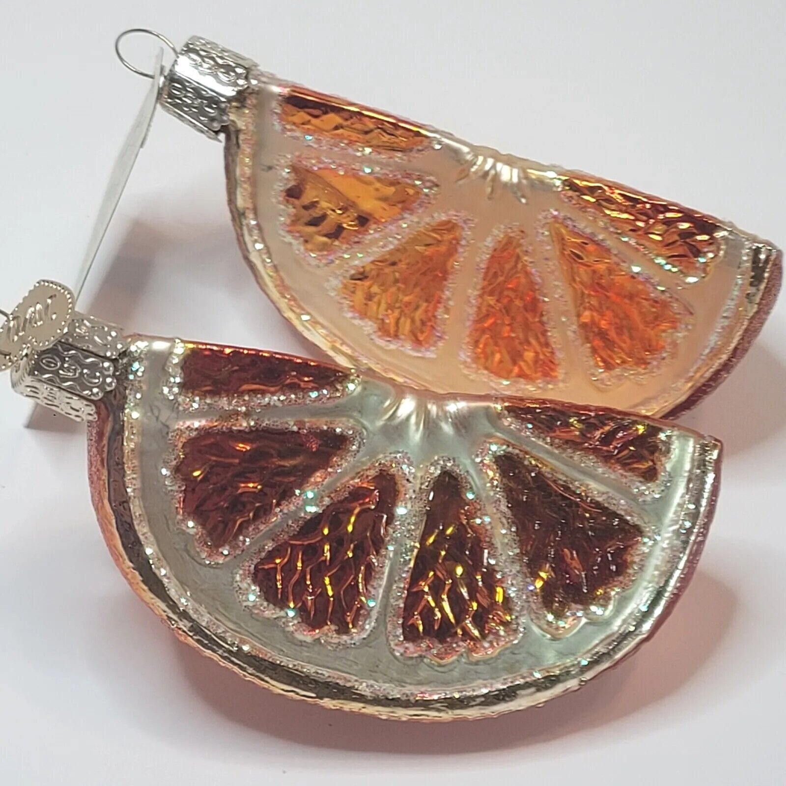 Old World Christmas Orange Slice Blown Glass Ornaments Set Of 2 Glitter Tag 3.5\