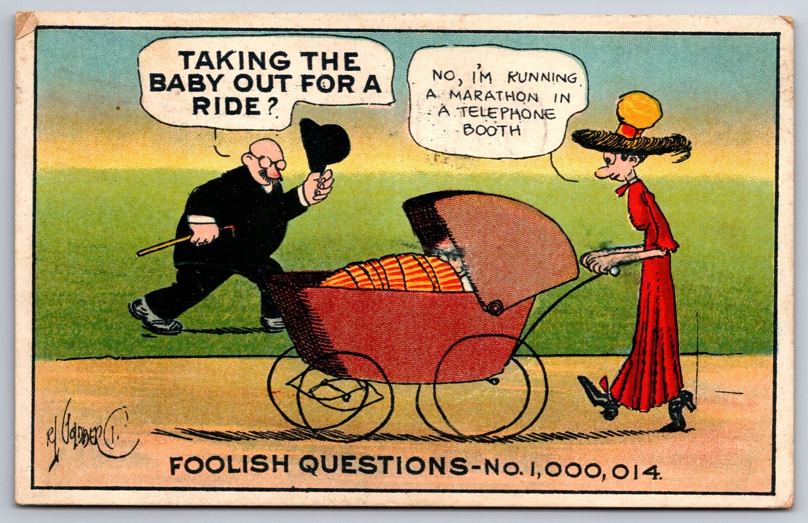 Rube Goldberg Comic~Foolish Questions~Taking Baby For Ride? Lady w/Buggy~1910