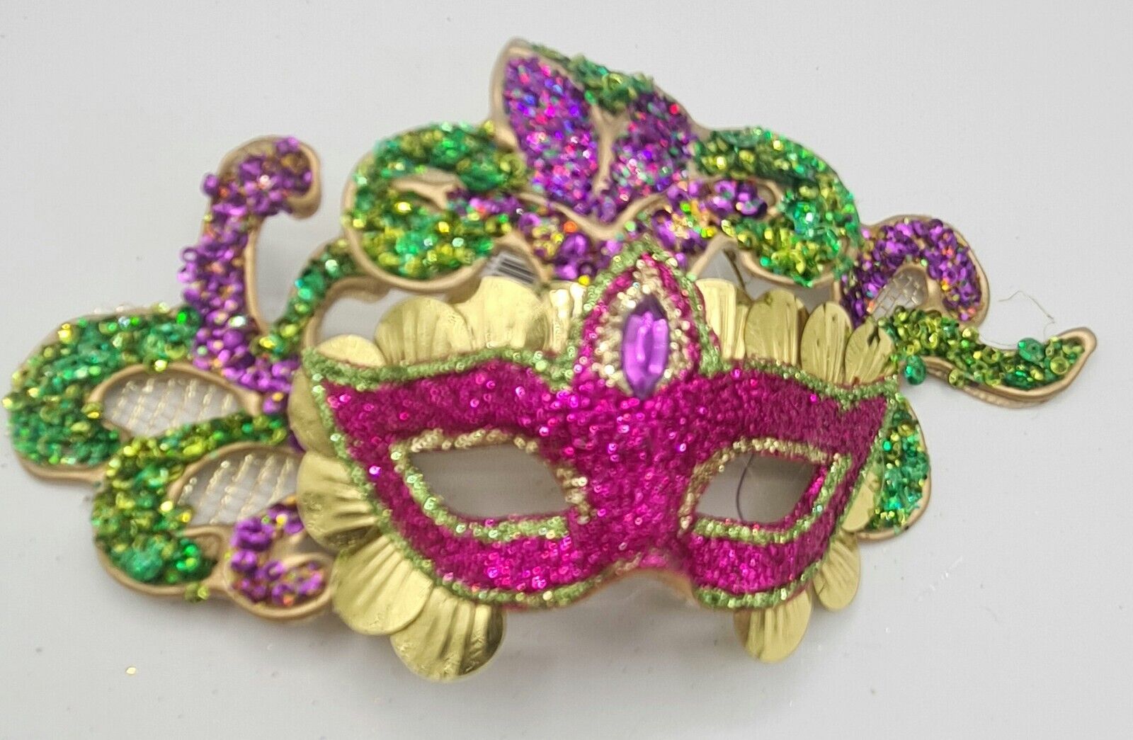Mardi Gras  Mask Purple Green Gold Pink Fabric Glitter  Ornament 8x3\