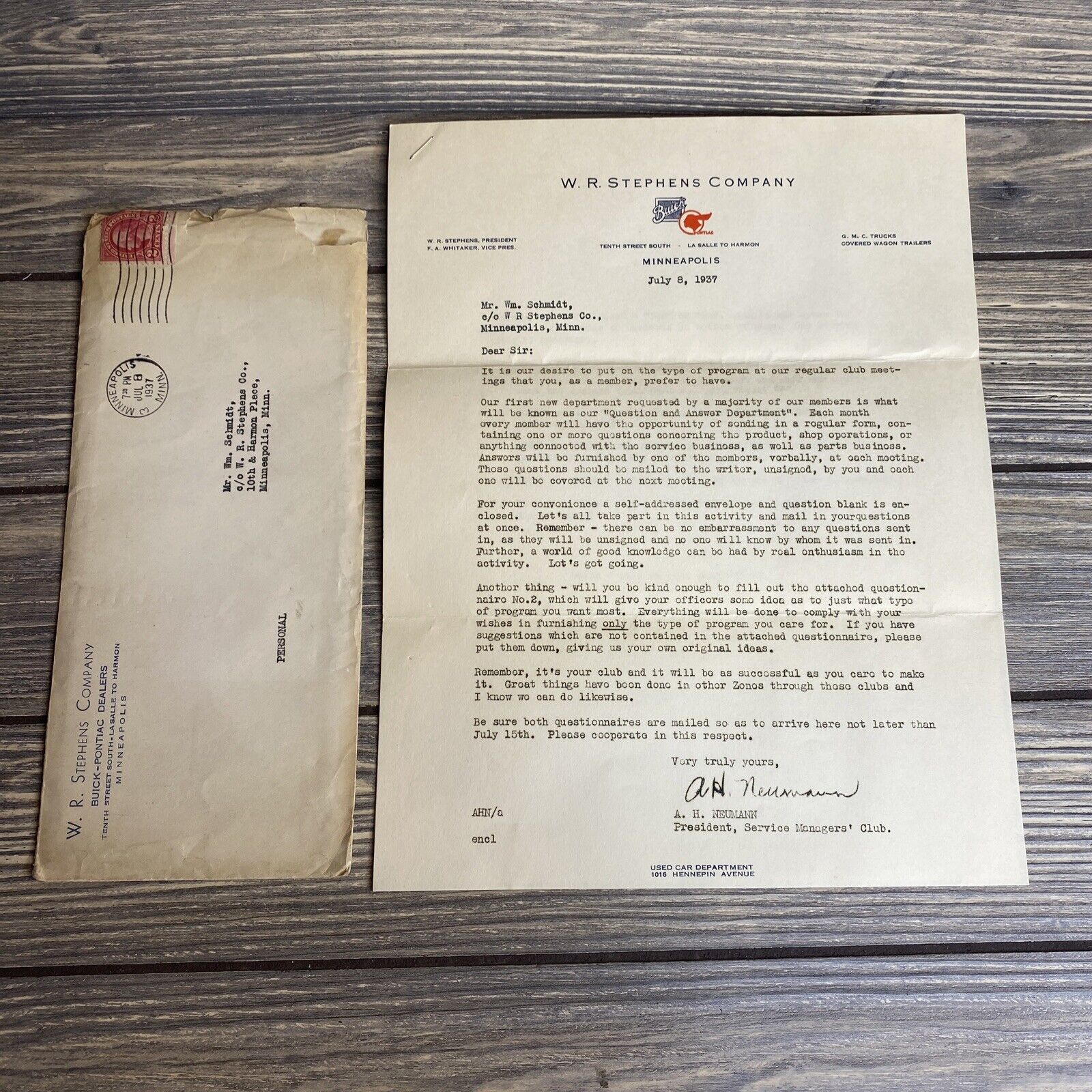 Vintage W.R. Stephean Company Members Letter Questionnaires Envelope 1937