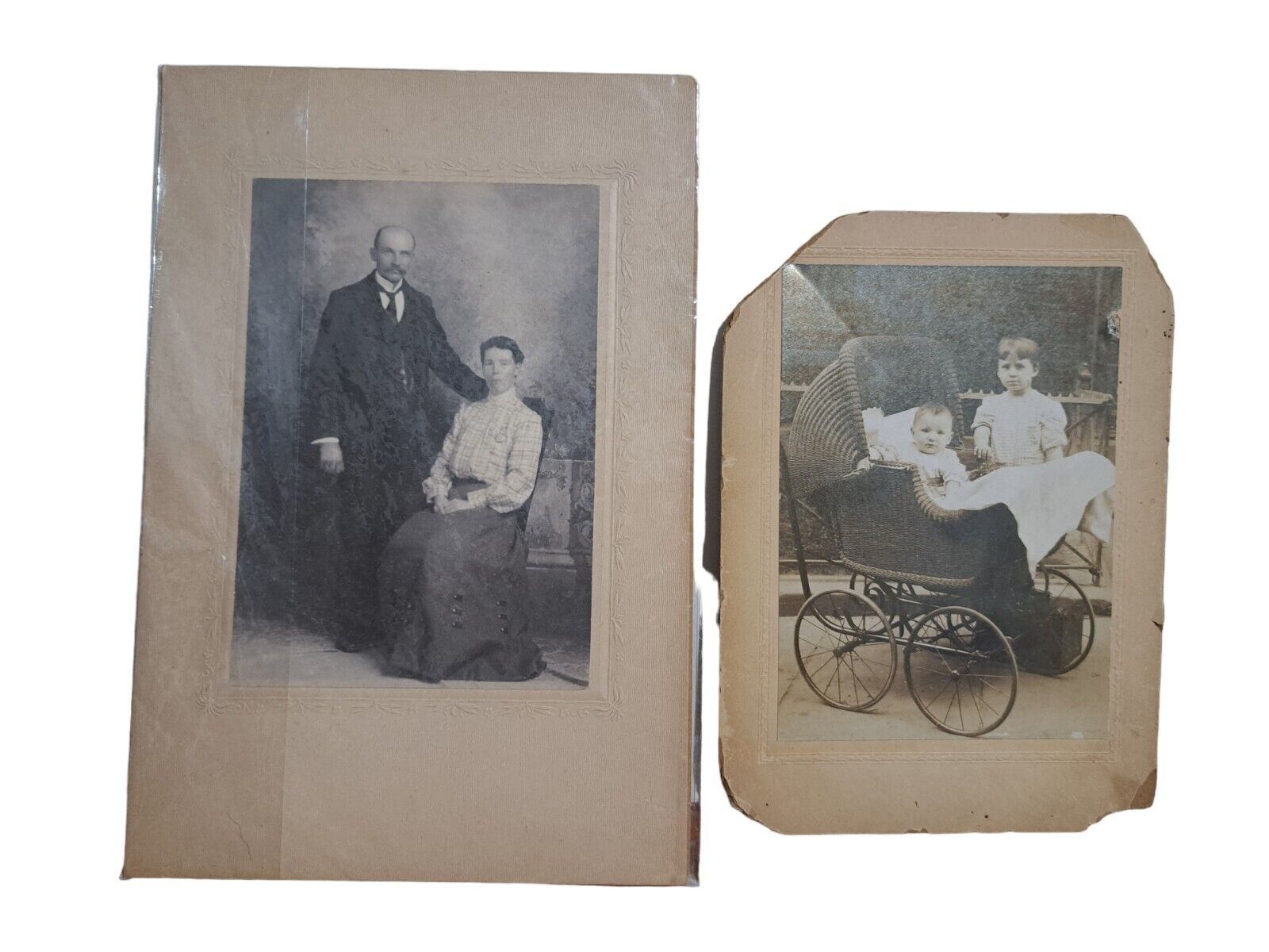 Lot of 2 Antique Cabinet Card Photos Married Couple 6X9 Baby In Stroller 5.5X7
