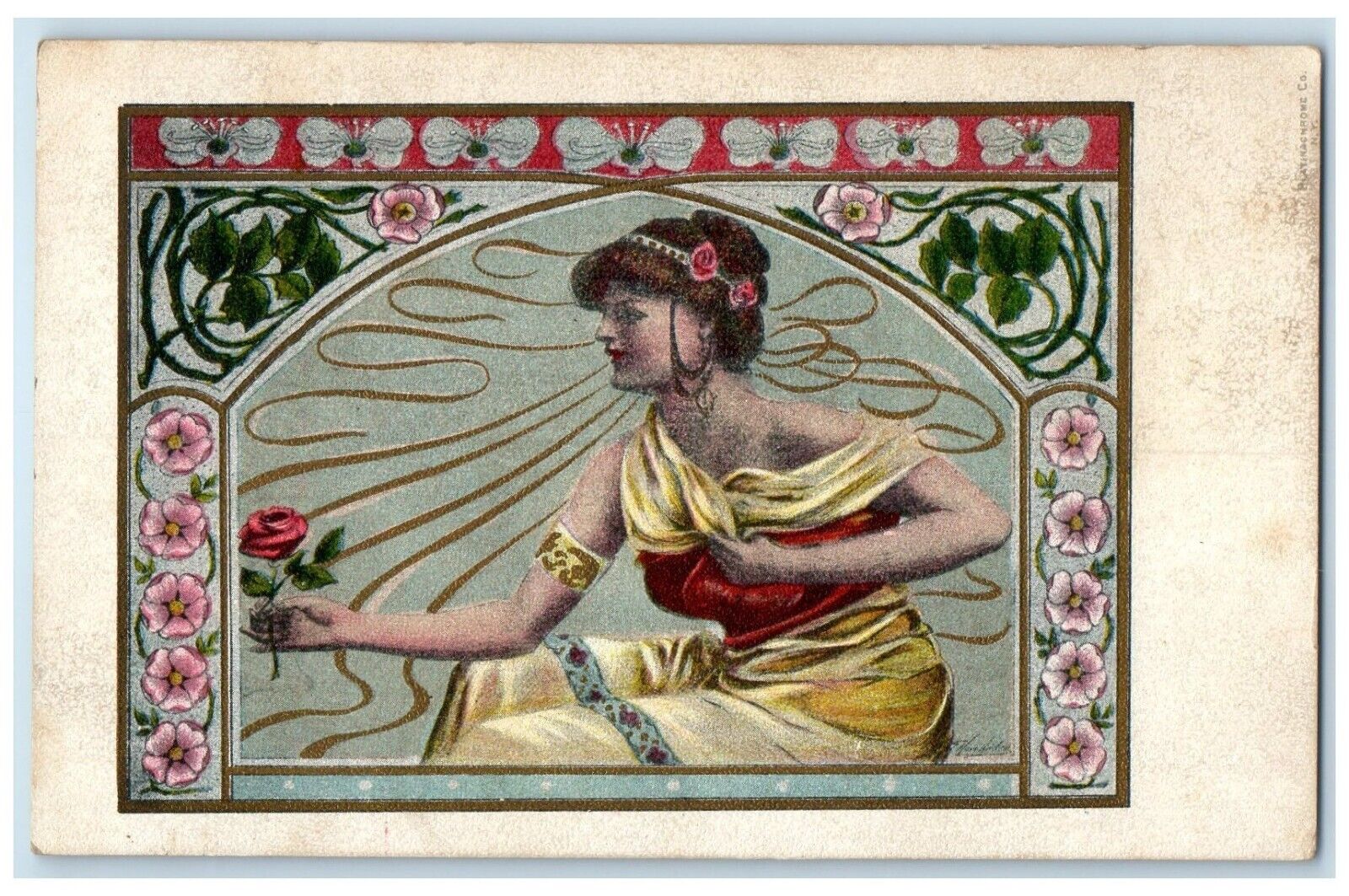 c1905 Pretty Woman Roses Flowers Art Nouveau Unposted Antique Postcard